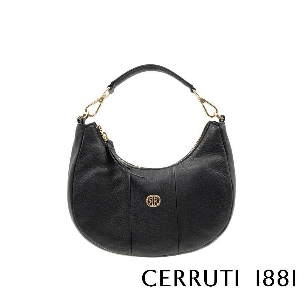 【Cerruti 1881】限量2折 頂級小牛皮女用半月包馬鞍包 全新專櫃展示品(黑色 6584M)