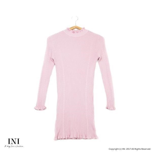 【INI】親膚貼身、氣質坑條針織內搭長上衣．粉色