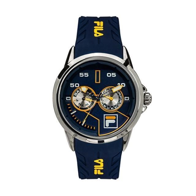 【FILA 斐樂】賽車風格兩眼設計腕錶-個性藍/38-169-201