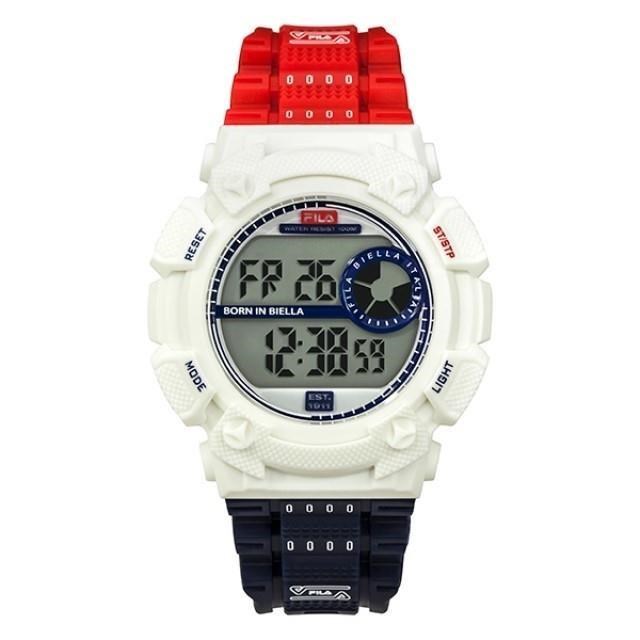【FILA 斐樂】時尚潮流運動電子數位腕錶-經典紅藍/38-312-003