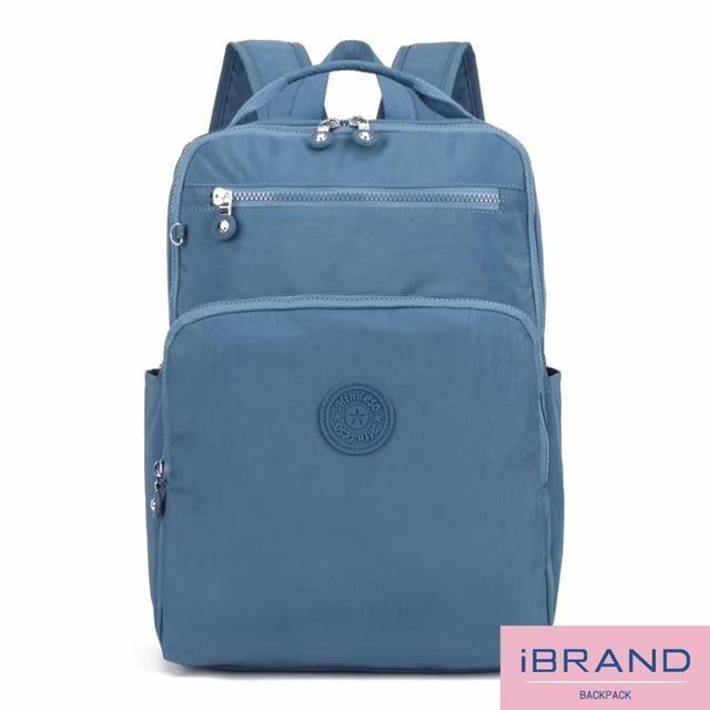 iBrand 輕盈防潑水素色雙拉鍊尼龍後背包(大) -牛仔藍 MDS-8612L