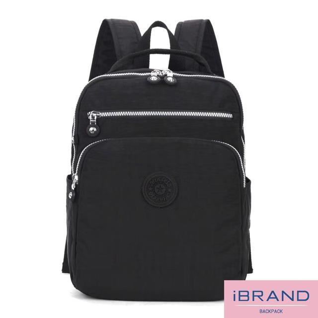 iBrand 輕盈防潑水素色雙拉鍊尼龍後背包-黑色 MDS-8612