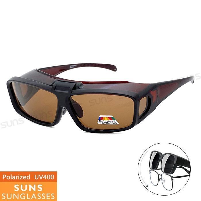 【SUNS】頂級上翻式方框偏光墨鏡/套鏡 大框架包覆性佳 抗UV400 茶片 S803-2
