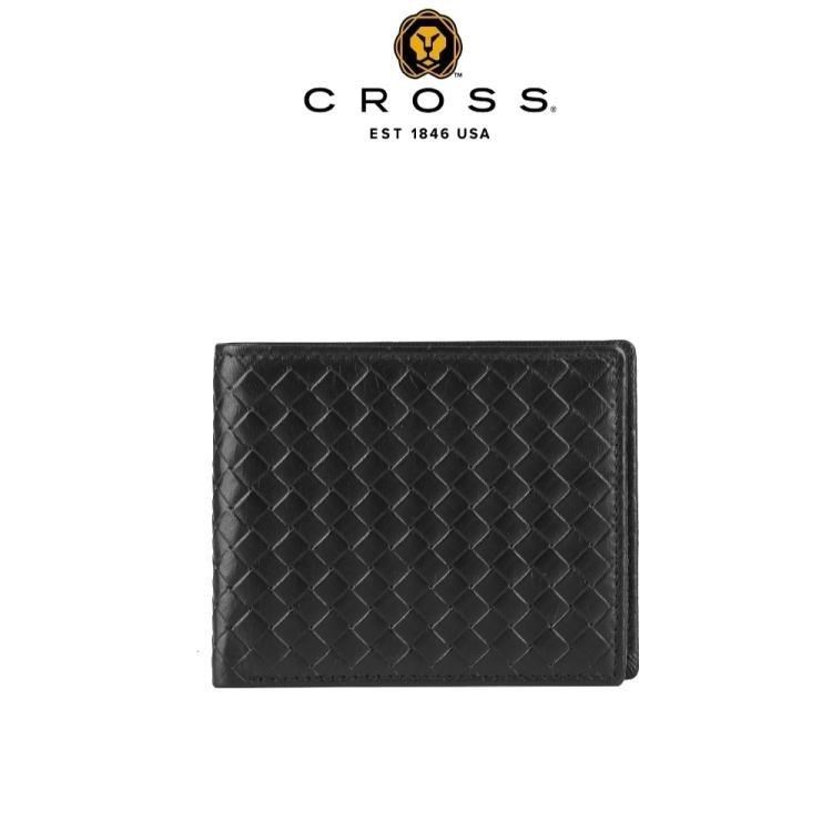 【CROSS】限量2折 頂級NAPPA小牛皮編織紋8卡短夾(黑色,全新專櫃展示品)
