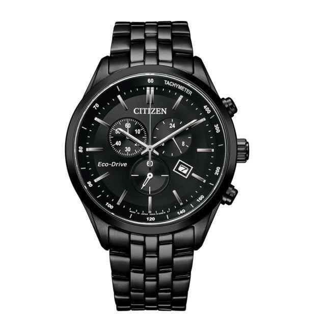 CITIZEN星辰 GENTS領袖王 Wilson光動能不鏽鋼帶錶款-全黑42mm (AT2145-86E)