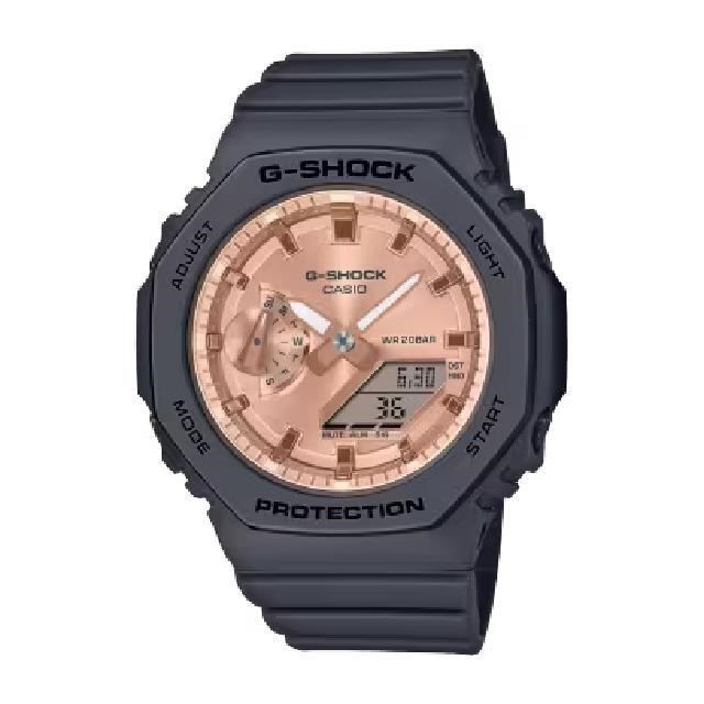 【CASIO卡西歐】GMA-S2100MD-1A 八角形粉紅金平面錶盤雙顯錶 隨興黑 42.9mm