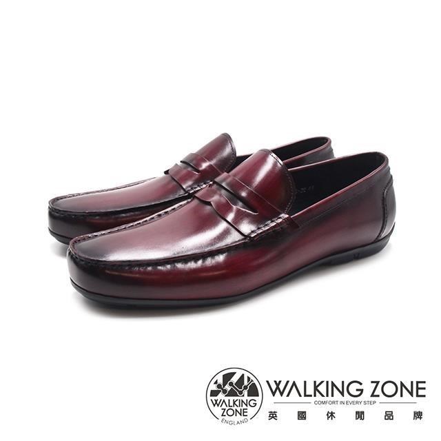 WALKING ZONE(男)圓頭軟彈力舒適樂福皮鞋 男鞋-酒紅色