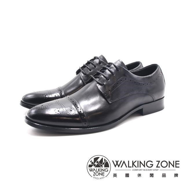 WALKING ZONE(男)質感藍底一字壓紋雕花商務皮鞋 男鞋-黑色