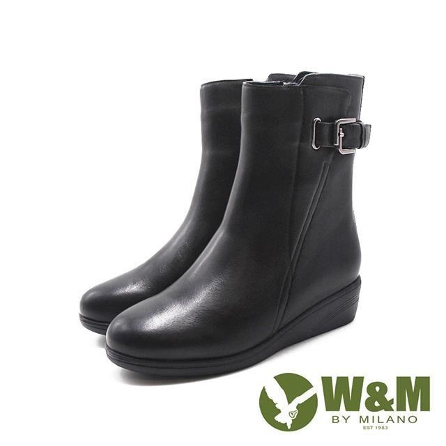 W&M(女)皮釦造型內拉鍊楔型底女靴 女鞋-黑色(另有棕灰色)