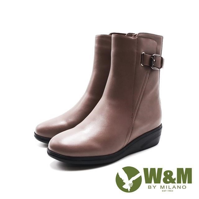 W&M(女)皮釦造型內拉鍊楔型底女靴 女鞋-棕灰色(另有黑色)