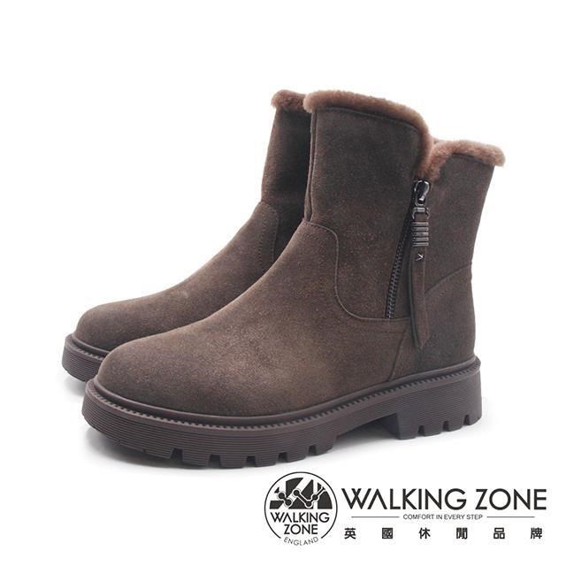 WALKING ZONE(女)質感麂皮毛絨中筒厚底短靴 女靴-咖啡灰