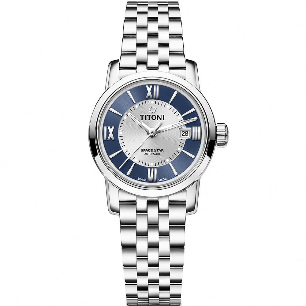 TITONI 梅花錶 天星系列 經典機械女錶-銀x藍/28mm 23538 S-580