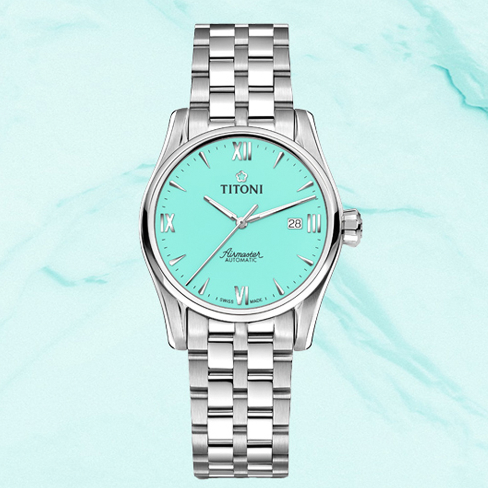 TITONI 梅花錶 空中霸王系列 AIRMASTER 機械女錶 手錶-蒂芬尼藍 23908 S-691