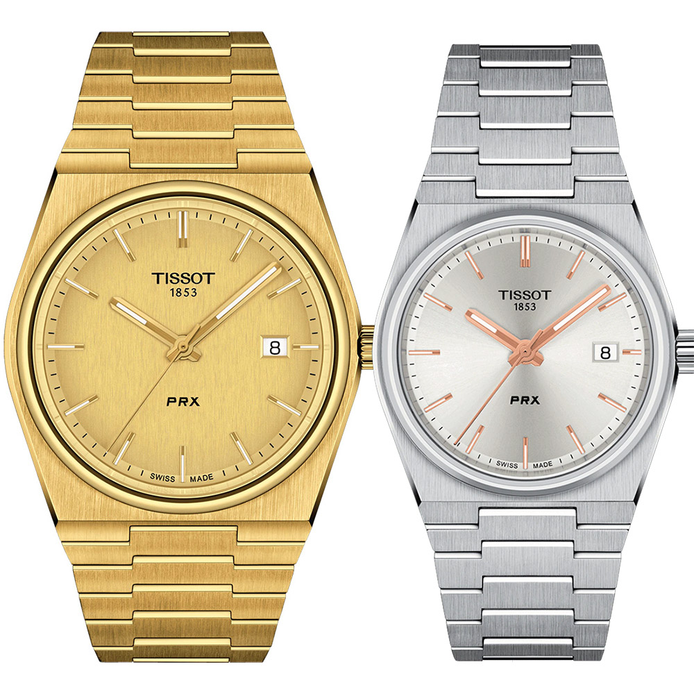 TISSOT 天梭 PRX系列 70年代復刻石英對錶 情侶手錶-金銀 T1374103302100+T1372101103100