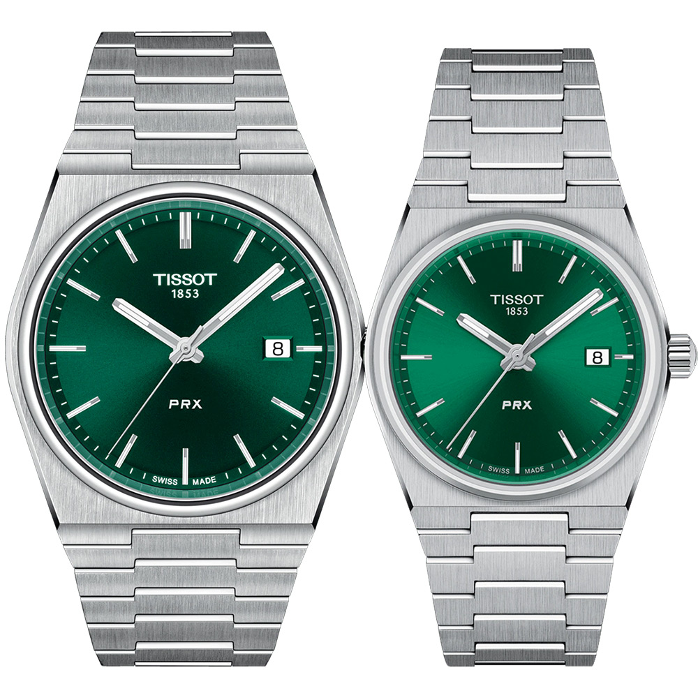 TISSOT 天梭 PRX系列 70年代復刻石英對錶 情侶手錶-綠 T1374101109100+T1372101108100