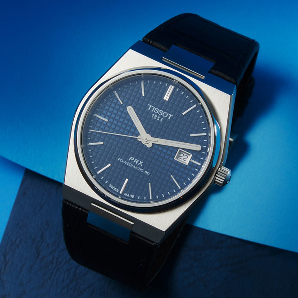 TISSOT天梭 PRX系列 皮帶款 簡約復古機械腕錶-藍 40mm/T1374071604100