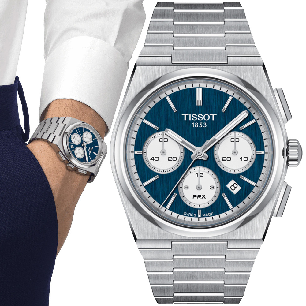 TISSOT天梭 PRX系列 復古計時機械腕錶-藍熊貓 42mm/T1374271104100