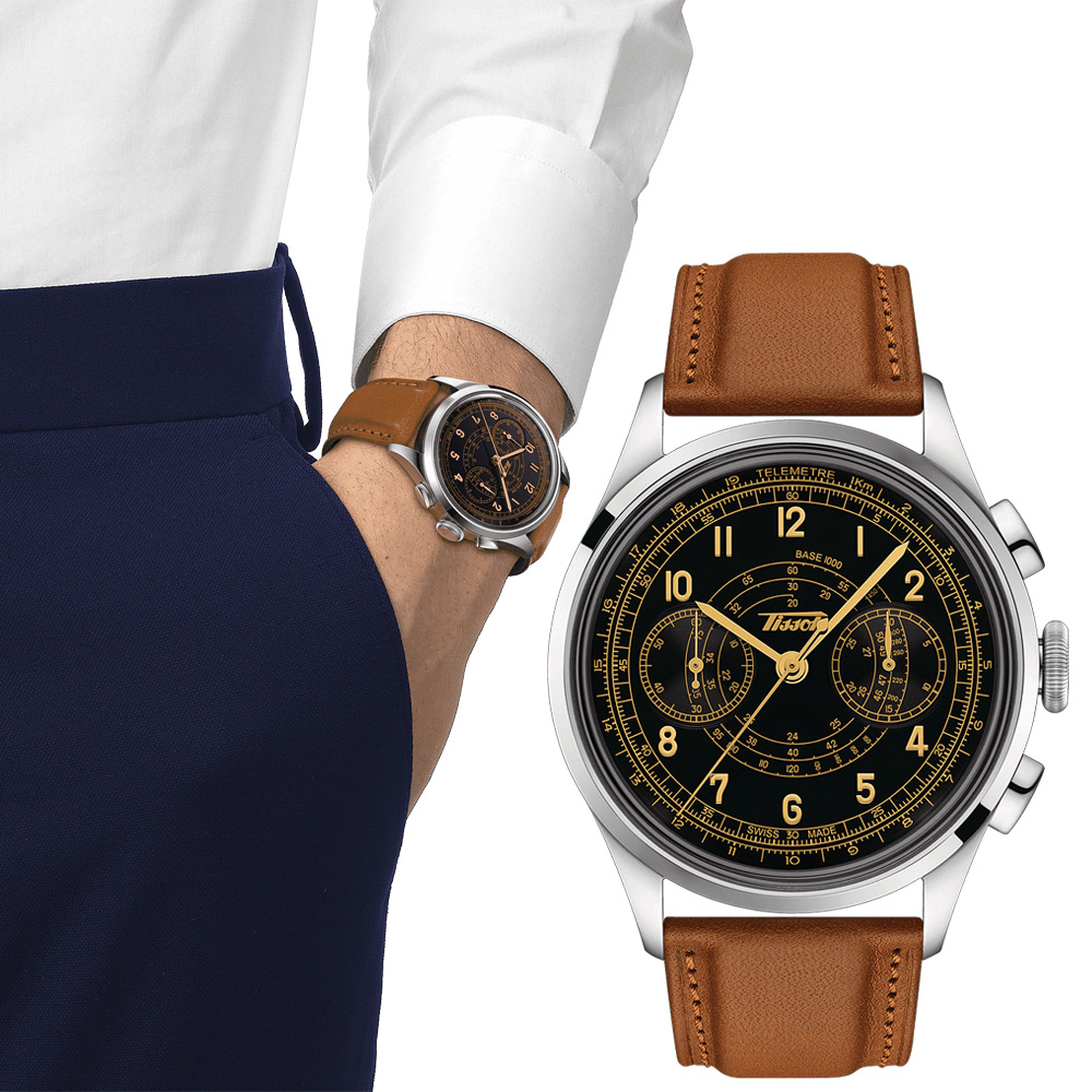 TISSOT 天梭 Telemeter 1938復刻 計時機械手錶-咖啡x黑 T1424621605200
