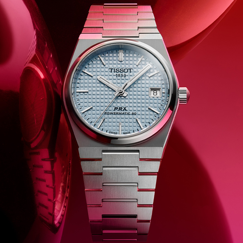 TISSOT天梭 PRX系列 簡約復古機械腕錶-冰藍 35mm/T1372071135100
