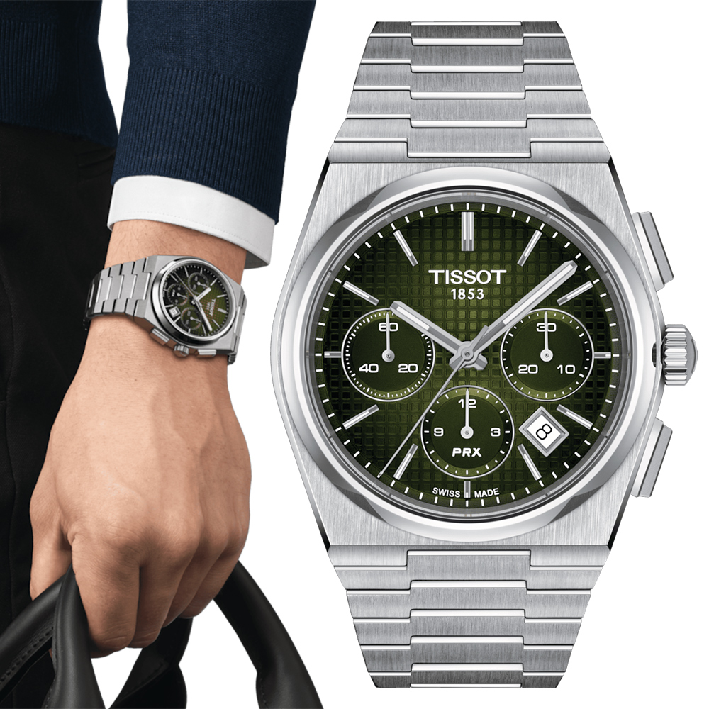TISSOT 天梭 PRX系列 三眼計時酒桶形機械錶/綠/42mm/T1374271109100