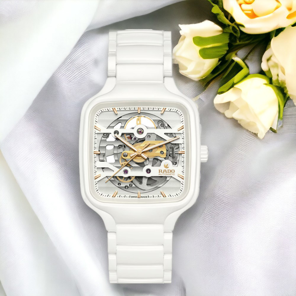 Rado 雷達錶 官方授權 True真 方形 真讚開芯機械腕錶-R27126012 陶瓷錶 手錶 機械錶 白色 女錶