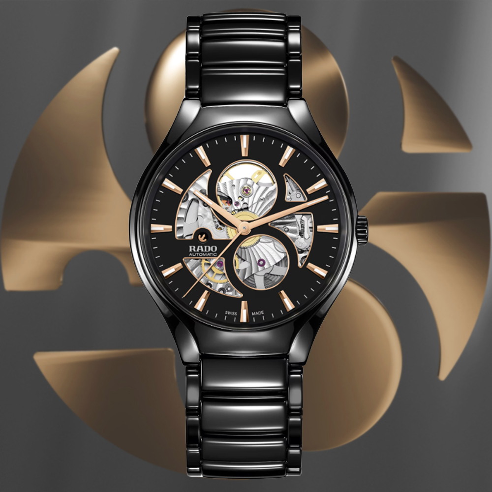 Rado 雷達表 True Round真我系列 高科技陶瓷鏤空機械腕錶-黑 R27107172