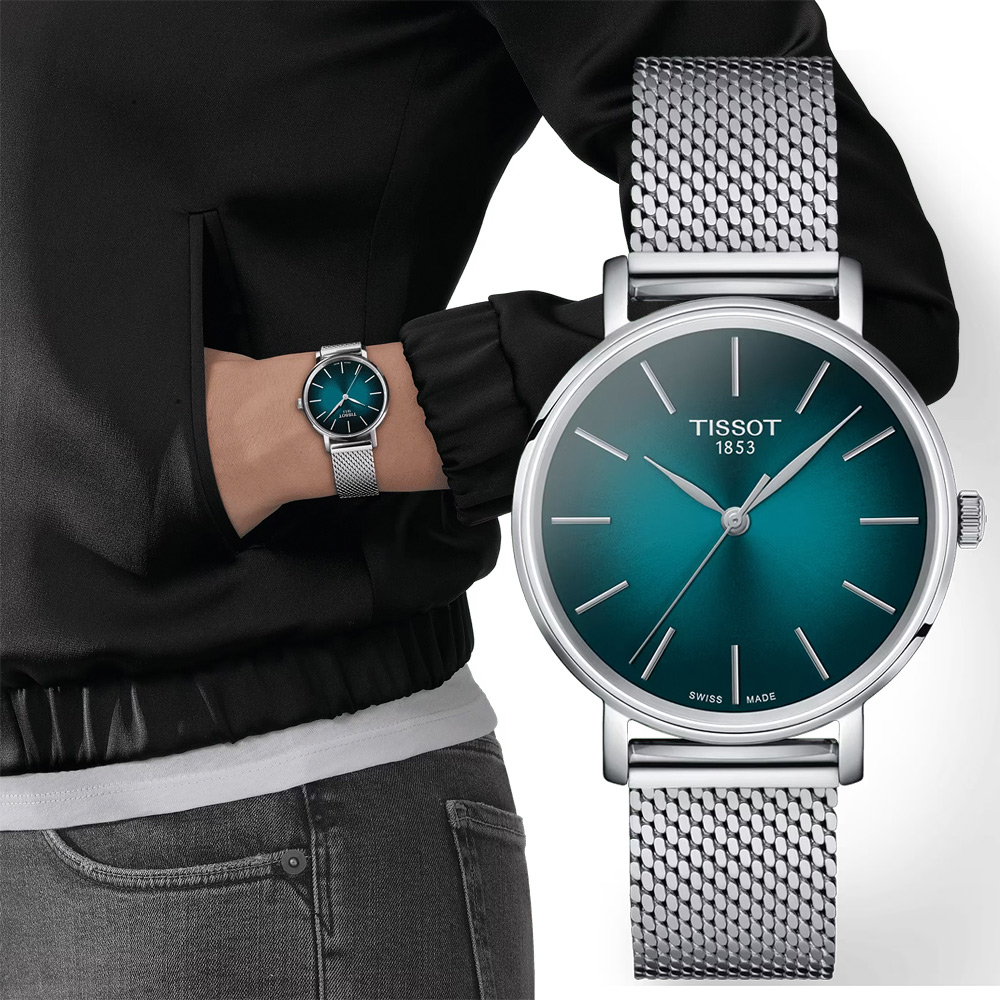TISSOT 天梭 Everytime 經典雋永米蘭手錶-銀x藍綠/34mm T1432101109100