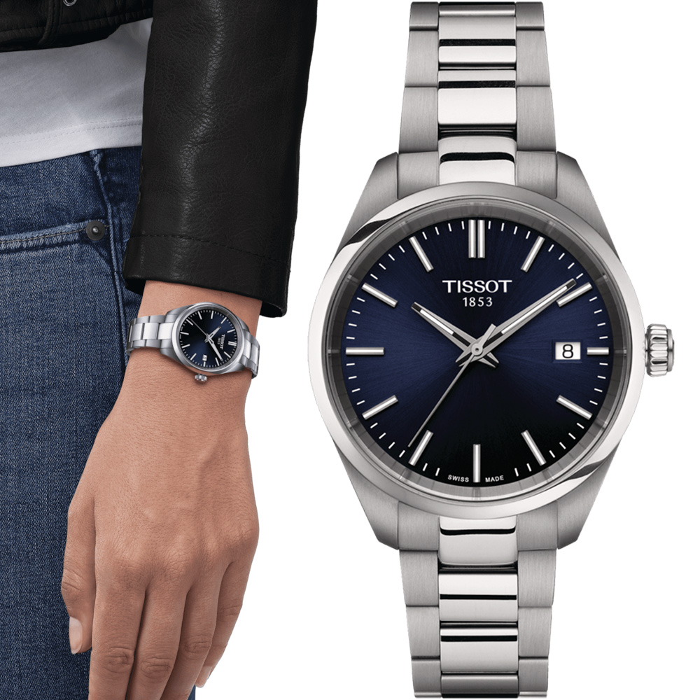 TISSOT 天梭錶官方授權 PR 100 俐落簡約時尚女錶-T1502101104100/藍34MM