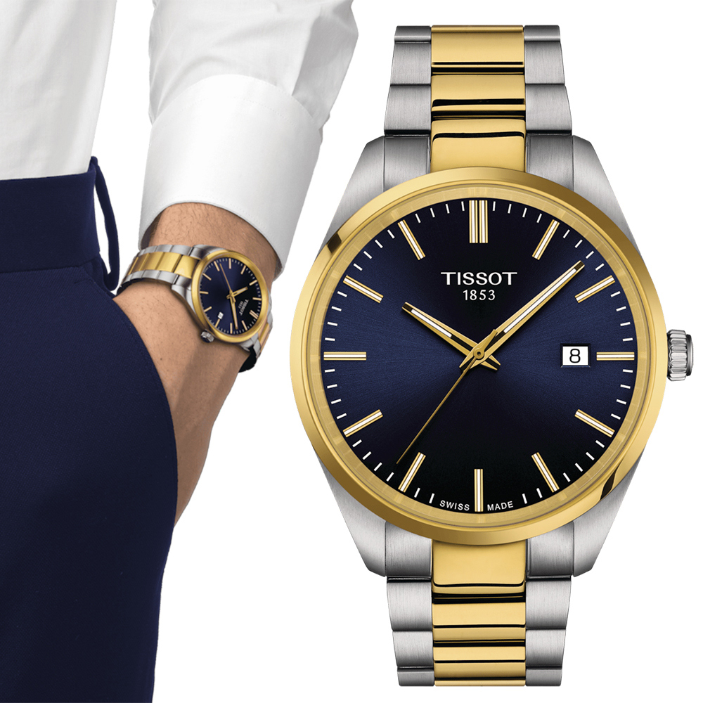 TISSOT 天梭 PR100 經典簡約紳士腕錶/藍X半金/40mm/T1504102204100