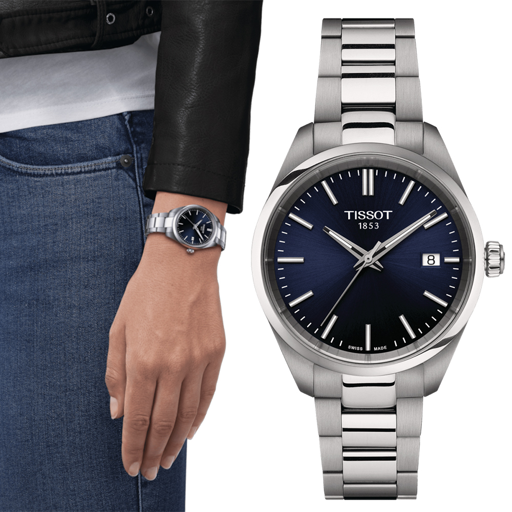 TISSOT 天梭 PR100 經典簡約氣質腕錶/藍X銀/34mm/T1502101104100
