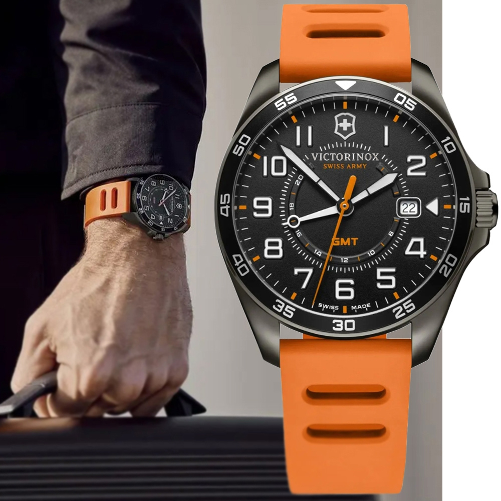 VICTORINOX 瑞士維氏 FieldForce Sport GMT兩地時間運動腕錶-黑橘42mm(VISA-241897)