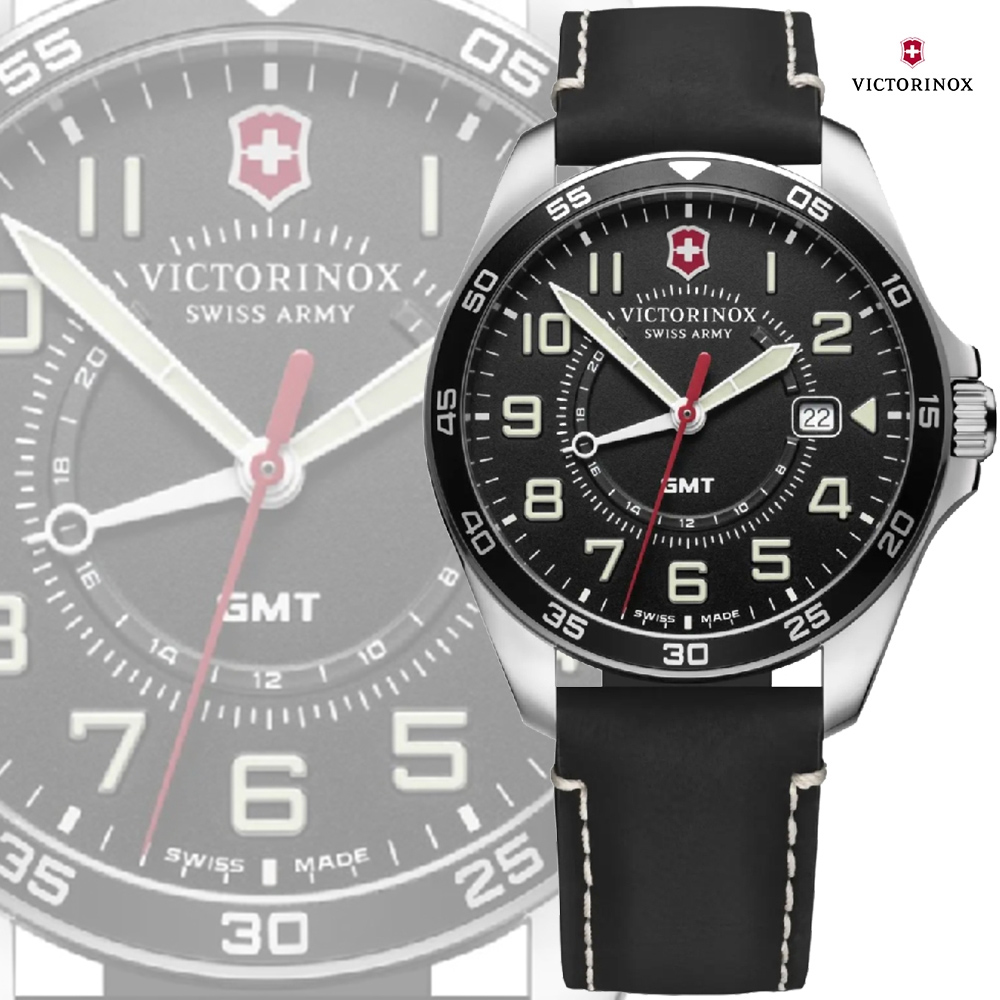 VICTORINOX 瑞士維氏 FieldForce GMT大指針兩地時區腕錶-黑42mm(VISA-241895)