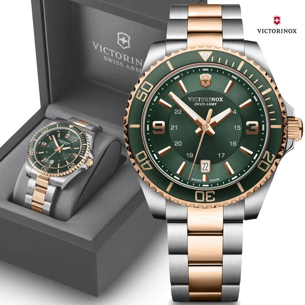 VICTORINOX 瑞士維氏 Maverick Large 單向旋轉錶圈100米腕錶-半金綠面43mm(VISA-242008)