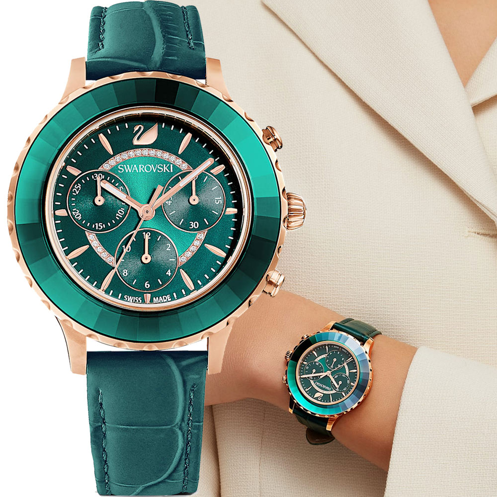 SWAROVSKI 施華洛世奇 Octea Lux Chrono奢華耀眼計時手錶-綠39.5mm 5452498