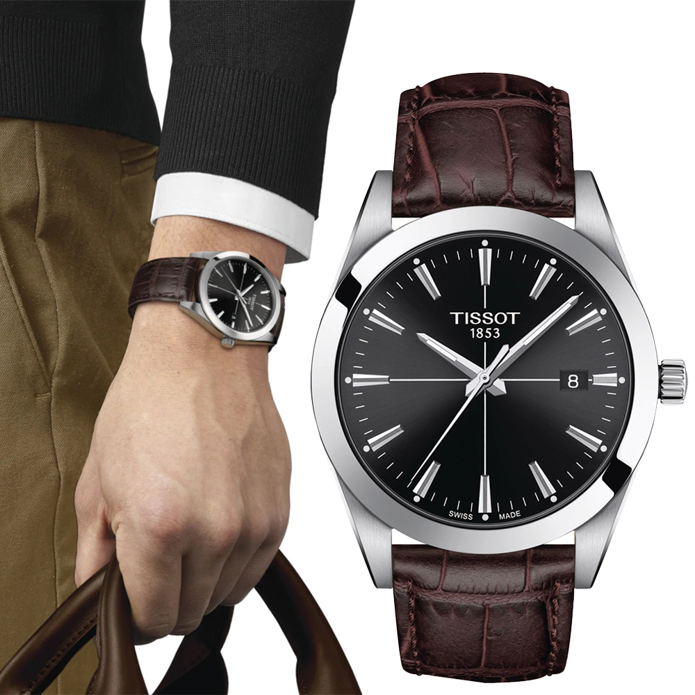 TISSOT 天梭 GENTLEMAN紳士腕錶/黑X咖啡/40mm/T1274101605101