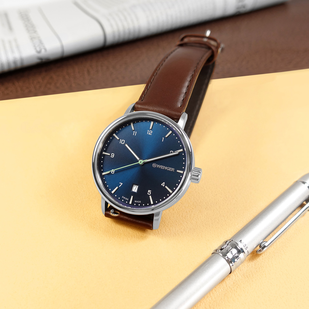 WENGER / 01.1731.123 / Urban Classic 簡約 日期 防水 真皮手錶 藍x銀框x咖啡 40mm