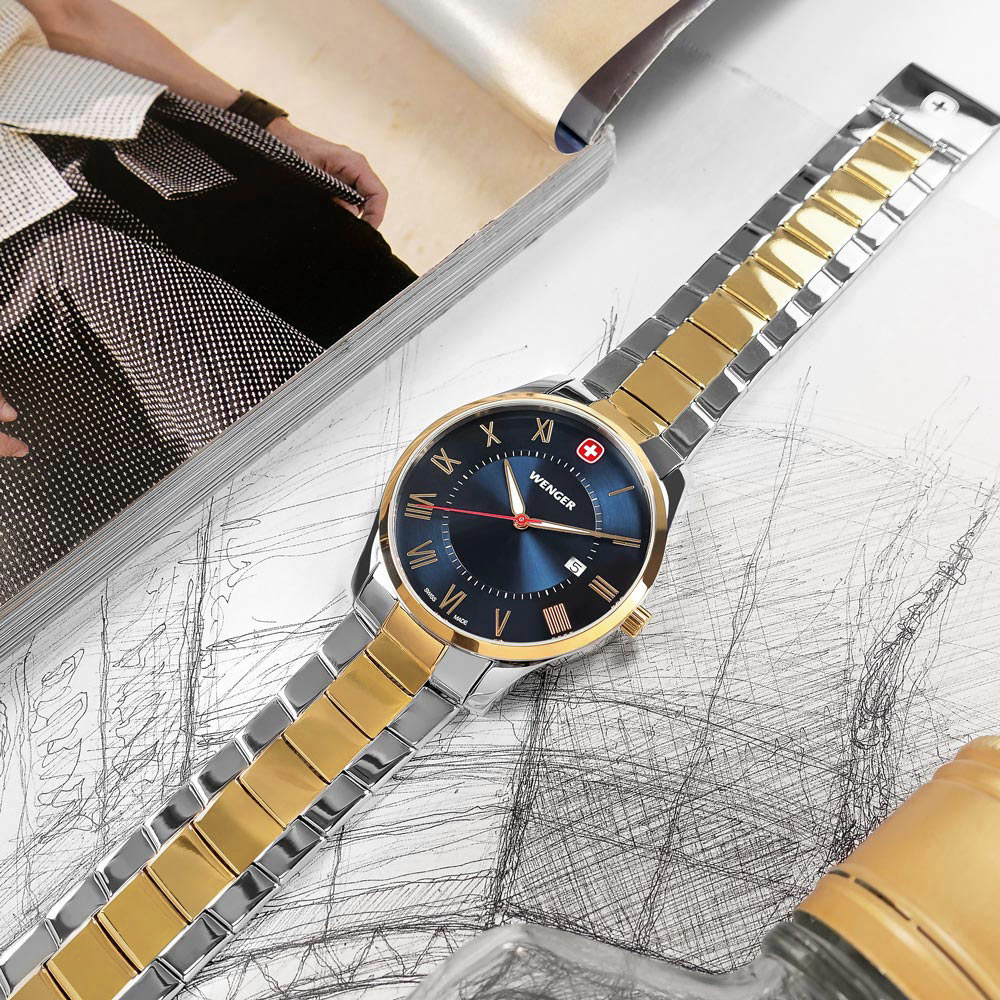 WENGER / 01.1441.141 / City Classic 都會時尚 羅馬刻度 日期 不鏽鋼手錶 藍x鍍金 42mm