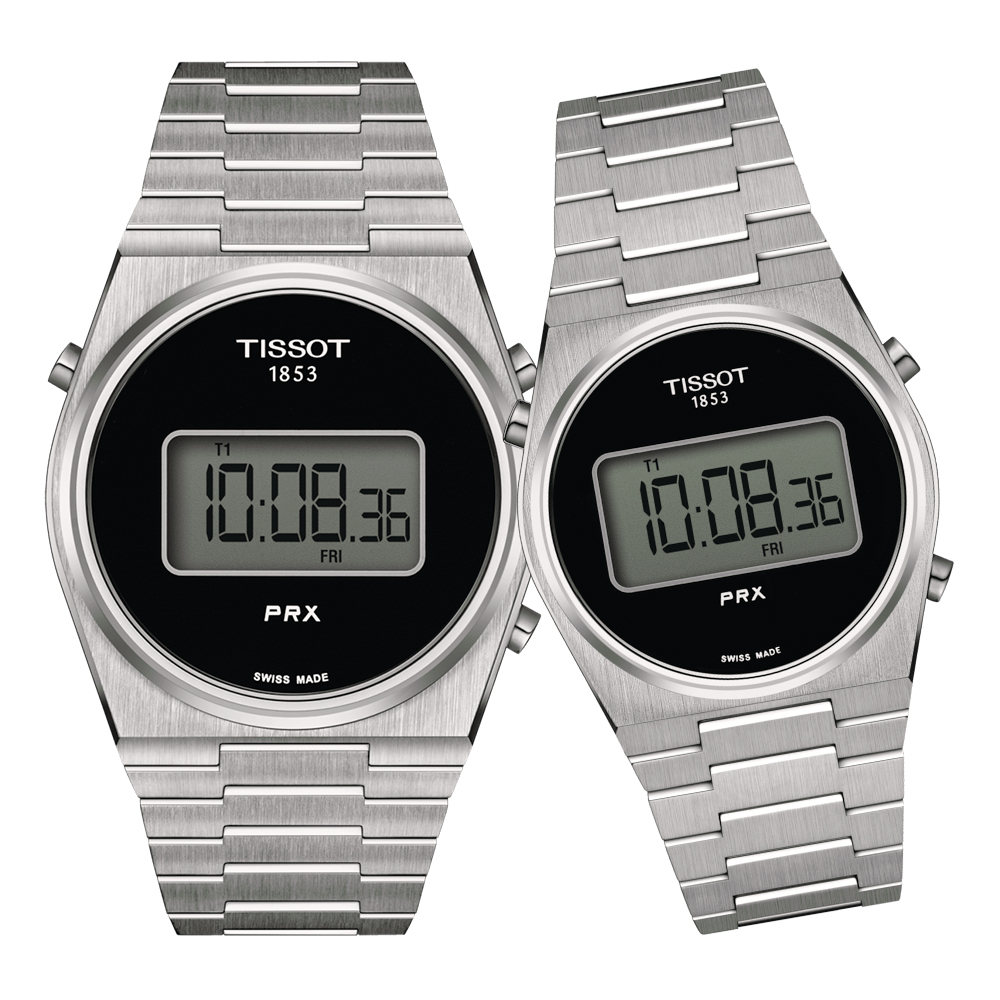 TISSOT 天梭 PRX系列 數位款酒桶形石英對錶/黑 (T1374631105000+T1372631105000)