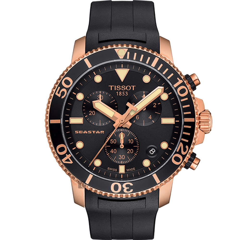 TISSOT 天梭 Seastar 1000 海洋之星300米計時手錶-黑x玫塊金框 T1204173705100