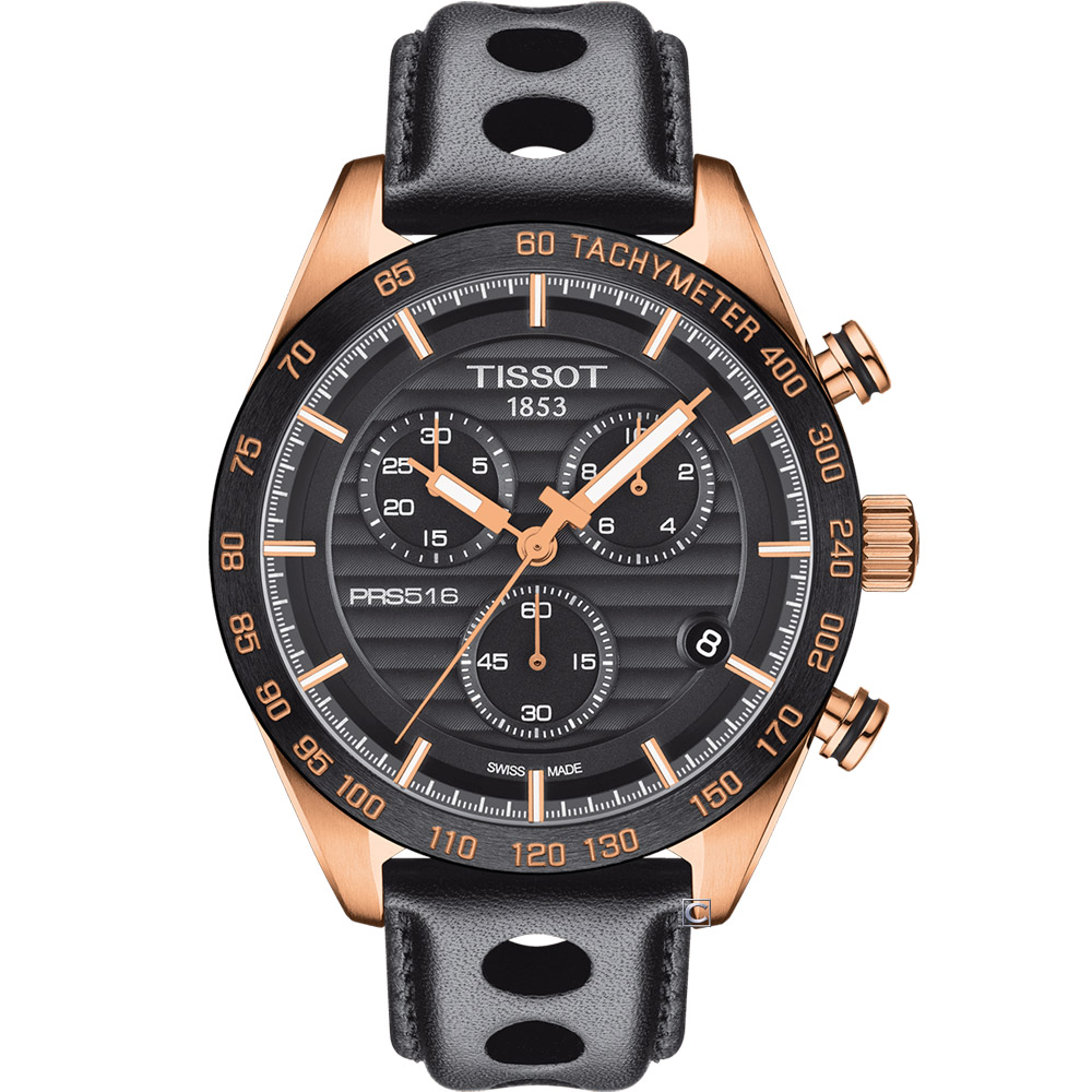 TISSOT PRS516 賽車運動風計時腕錶-T1004173605100 黑x玫瑰金/42mm