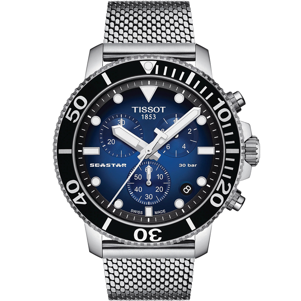 TISSOT 天梭 Seastar 1000海洋之星三眼計時300米潛水錶/藍/45.5mm/T1204171104102