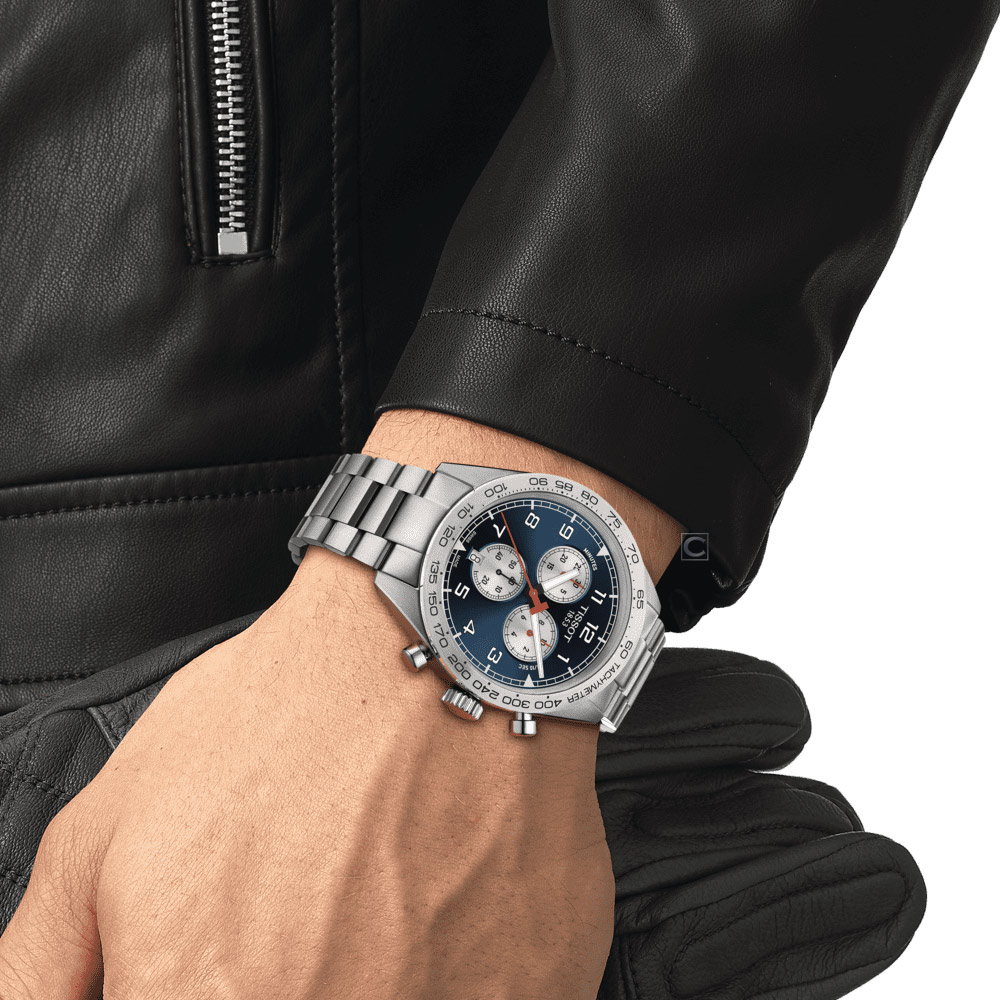 TISSOT PRS516 CHRONOGRAPH計時運動賽車錶-T1316171104200/藍x鋼帶款