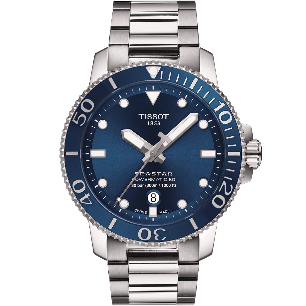 TISSOT 天梭 Seastar 1000 海洋之星300米潛水機械錶-藍/43mm T1204071104103