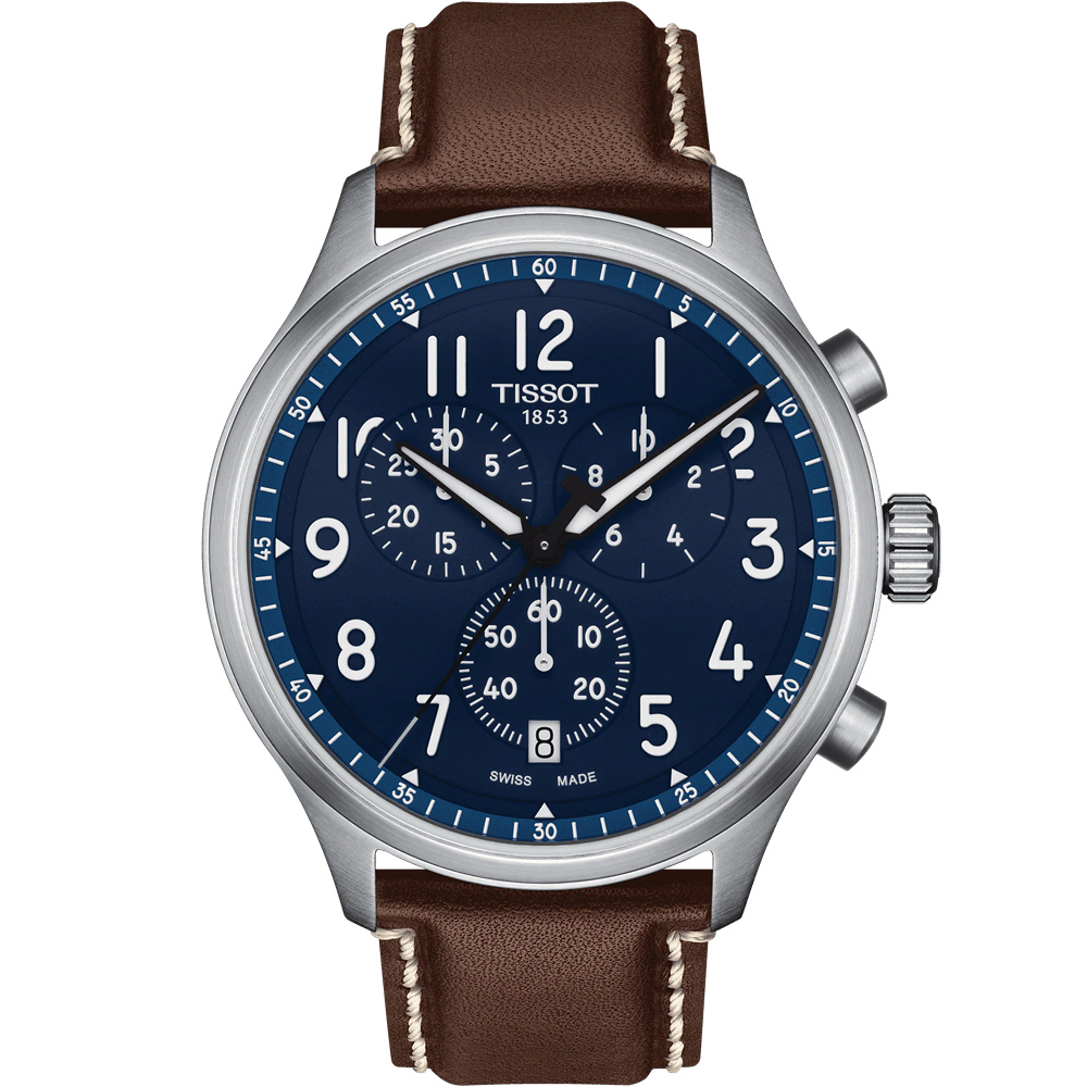 TISSOT 天梭 韻馳系列 Chrono XL計時手錶-藍x咖啡/45mm T1166171604200