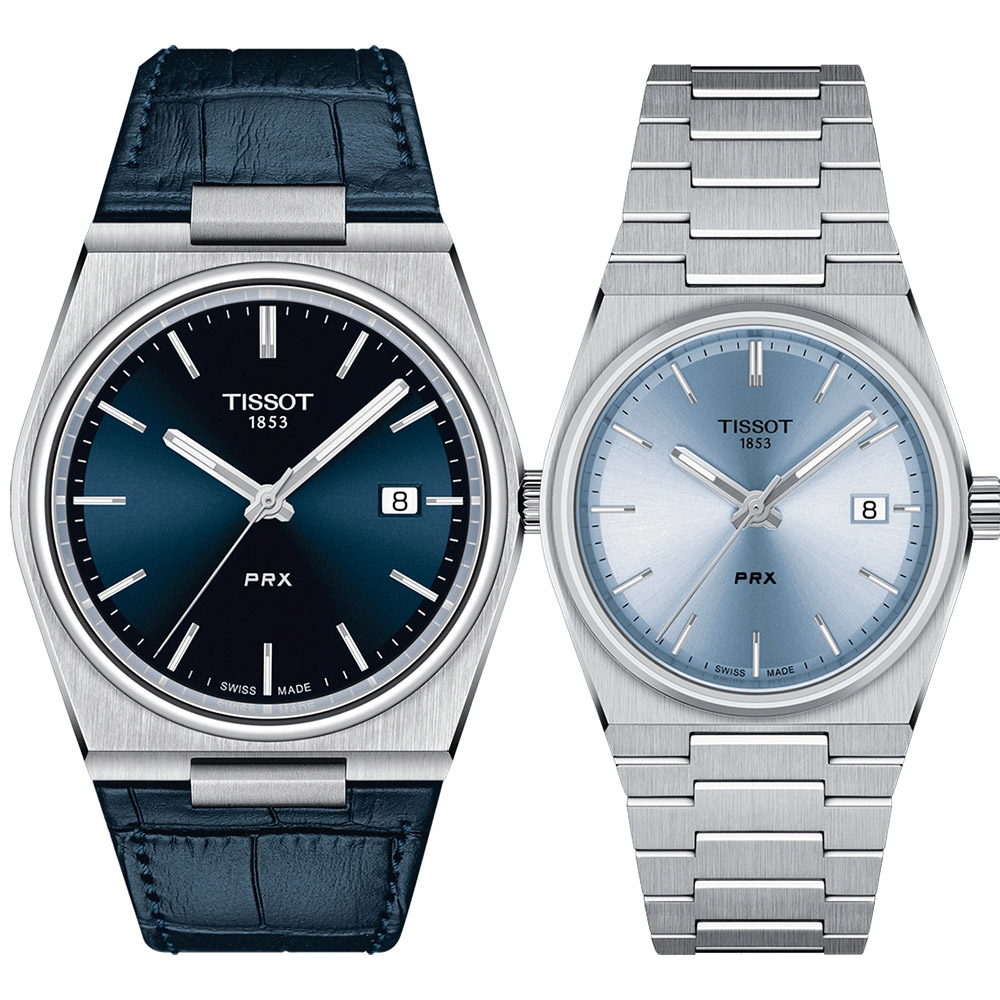 TISSOT 天梭 PRX系列 70年代復刻石英對錶 情侶手錶-冰藍 T1374101604100+T1372101135100