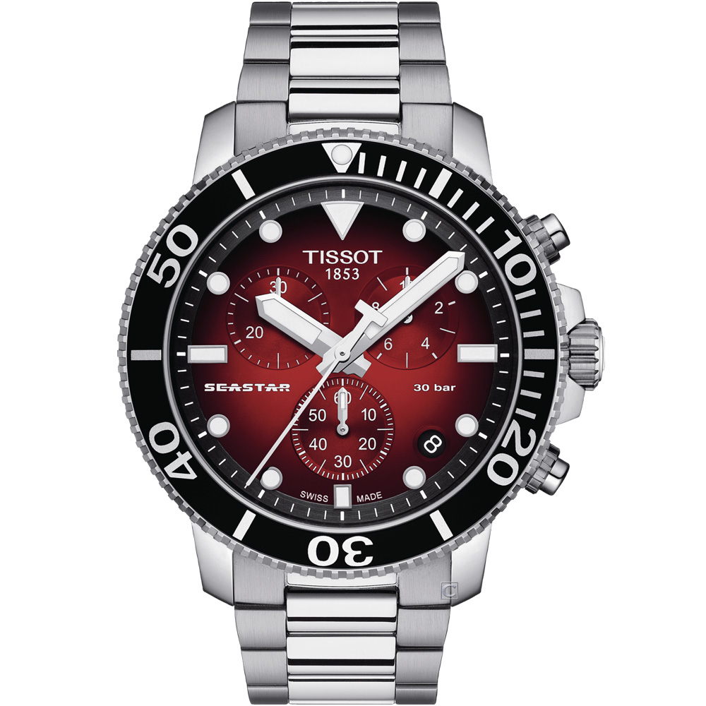 TISSOT 天梭 官方授權 Seastar 海星300米潛水石英錶-T1204171142100-45.5mm紅x鋼帶