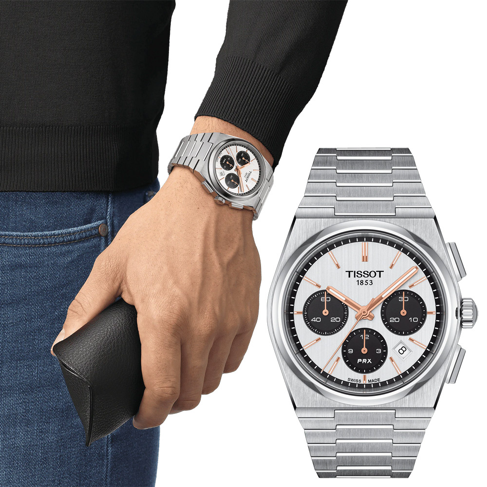 TISSOT天梭 PRX 系列 熊貓 70年代復刻計時機械錶-銀X白/42mm T1374271101100