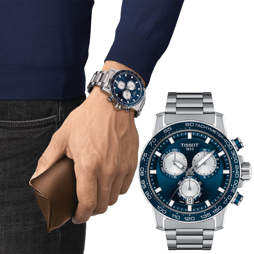 TISSOT天梭 官方授權 Supersport 三眼計時手錶-銀x藍/45mm T1256171104100