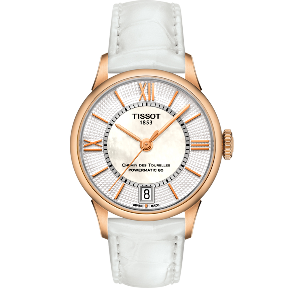 TISSOT 天梭 杜魯爾 Tourelles 優雅時尚機械女錶(T0992073611800)32mm/白x玫瑰金色