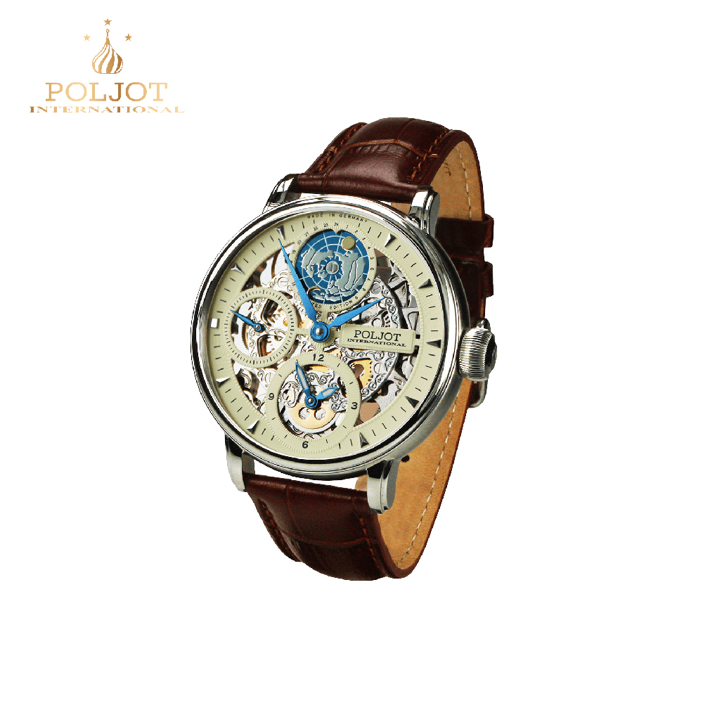 POLJOT 德國寶傑錶 9730.2940552 GMT 鏤空香檳盤地球機械錶 43mm 男/女錶